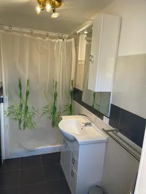 a bathroom with a sink and a shower with a mirror at Casa Casteldaccia 3 in Casteldaccia