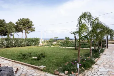 a garden with a palm tree and flowers at Casa Laura di fronte la Tonnara in San Vito lo Capo