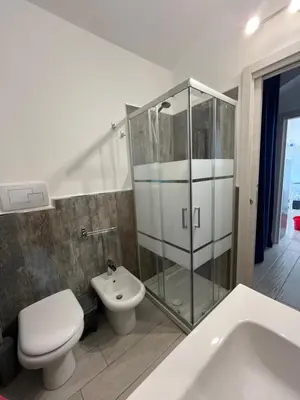 a bathroom with a shower and a toilet and a sink at Villa Futura in Scopello