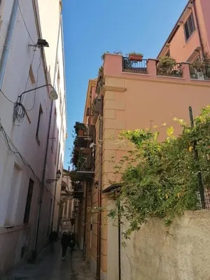 an alley with buildings and a dog walking down it at Appartamento Kardía in Palermo