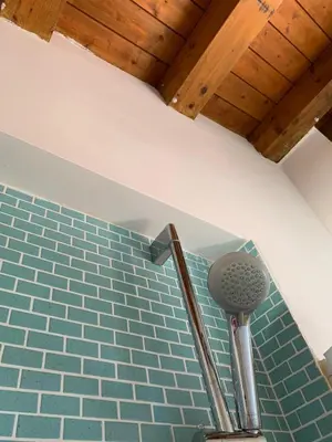 a shower in a bathroom with a blue tile wall at Appartamento Kardía in Palermo