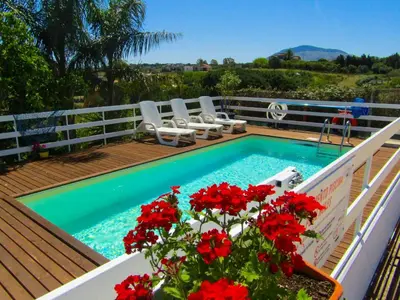 a swimming pool on a deck with red flowers at Casa Contrada Molinello in Castellammare del Golfo