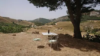 a table and two chairs sitting under a tree at Helimos B&B with Segesta Temple view near Castellammare del Golfo in Calatafimi
