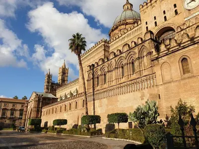 a large building with a palm tree in front of it at Stanze Di Leo in Palermo