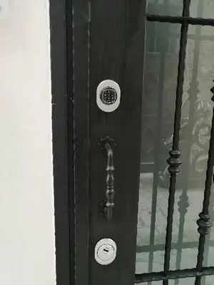 a black door with a handle and a window at La Casa di Lilù in Palermo