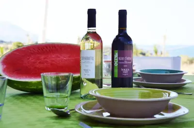 a table with two bottles of wine and a bowl of watermelon at Splendida Villa NATURE-APPARTAMENTO MELOGRANO a SCOPELLO-ZINGARO vista sul mare in Scopello