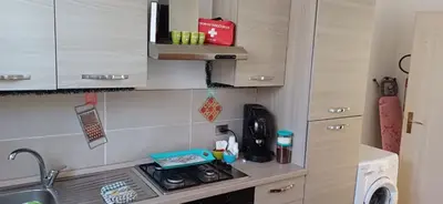 a small kitchen with a stove and a sink at Villa Torre Magaggiari in Cinisi