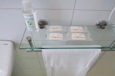 a towel and a bottle of bleach on a shelf in a bathroom at Sofi apartment in Palermo