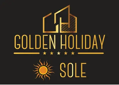 a sign for a golden holiday sale with a door and the sun at Golden Holiday Villas Private Pools in Sicily in Terrasini