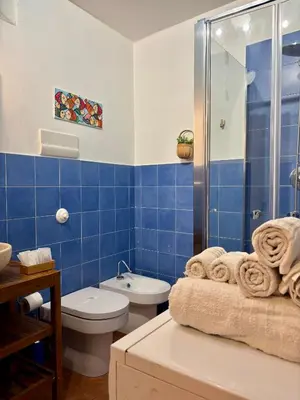 a blue tiled bathroom with a toilet and a shower at Piazza Marina Apartment in Palermo