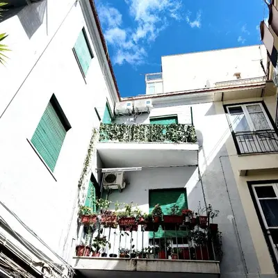 a white building with potted plants on a balcony at Gabry central apartment Palermo in Palermo