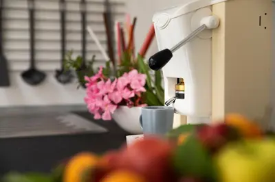 a kitchen counter with a sewing machine and a bowl of fruit at Appartamenti in Villa Nature con vista mare e monti in Scopello
