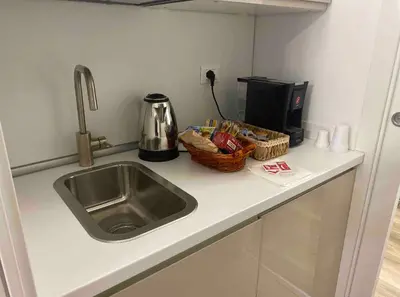 a kitchen counter with a sink and a coffee maker at Delle Palme Rooms elegante monolocale in centro in Palermo