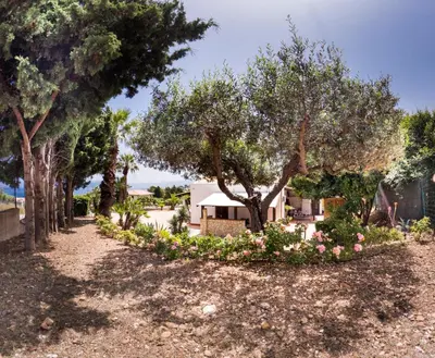 a garden with trees and flowers in front of a house at Kòre rooms in Castellammare del Golfo