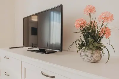 a tv on a dresser with flowers in a vase at Villa Levante, relax esclusivo a due passi dal mare vicino Cefalù in Lascari