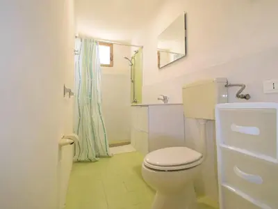 a white bathroom with a toilet and a shower at Villa La Vela by Interhome in Scopello