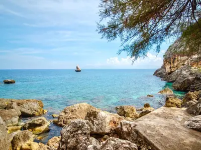 a view of the ocean from a rocky beach at Villa La Vela by Interhome in Scopello