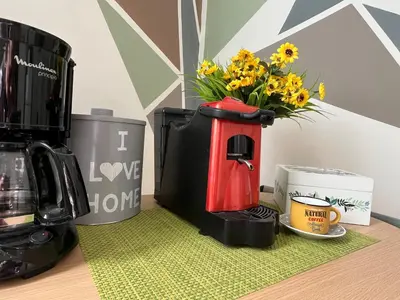 a coffee maker with a vase of flowers on a table at Donizetti 19 in Palermo
