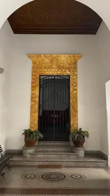 a fireplace in a room with two potted plants at DonnaFrancaFlorio in Palermo