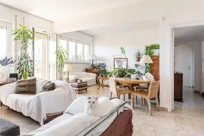 a living room with a white cat sitting on a couch at Large Room e Small Private Bathroom Between Mondello Beach and Old Town! Free Park! in Palermo