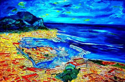 a painting of a city next to the ocean at ART GALLERY HOUSE La casa dell’arte in Palermo