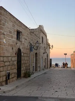 an old stone building on a street next to the ocean at Villa Serendipity Terrasini in Terrasini
