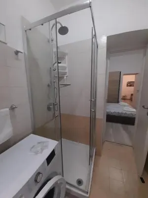 a bathroom with a shower with a sink and a toilet at Rosina's flat in Palermo