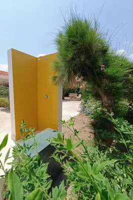 a yellow building with a tree in front of it at Villa On The Beach Spiaggia Plaia in Castellammare del Golfo