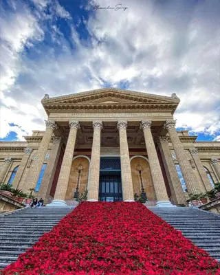 a large building with a pile of red flowers in front at N'Amuri di Casa in Palermo