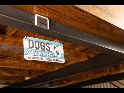 a sign that reads dogs welcome at this pile of wood at CityCenter Unique Apartment-Sleeps 2- Pet Friendly in Palermo