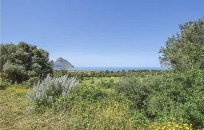 a field of grass with a mountain in the background at Pietro 3 in San Vito lo Capo