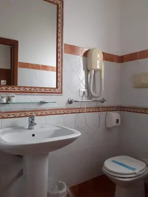 a bathroom with a sink and a mirror and a toilet at Hotel Elite Palermo Centro in Palermo