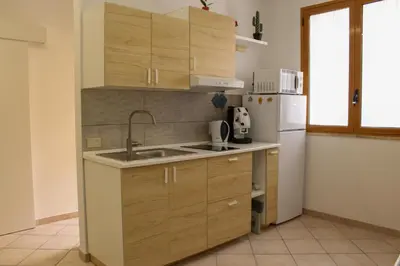 a kitchen with wooden cabinets and a sink and a refrigerator at La terra del sole in Cinisi