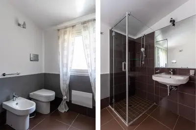 two pictures of a bathroom with a toilet and a sink at Nuova Villa a Scopello con piscina privata in Balata di Baida