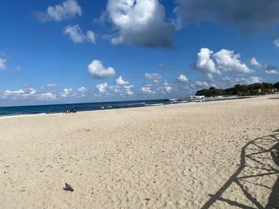 a view of a sandy beach with the ocean at Villa Savoia Mondello in Mondello