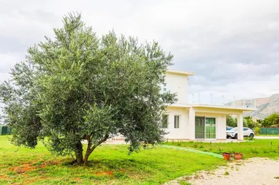 a tree in front of a white house at Cà del Re Holiday in Partinico
