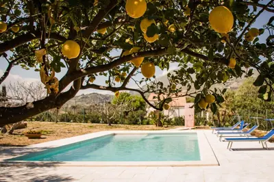 a pool with chairs under a lemon tree at Scialari Country House in Castellammare del Golfo