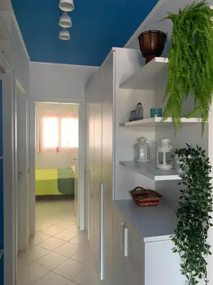 a room with white shelves and a green plant at La Casetta Blu al Mulino in San Vito lo Capo