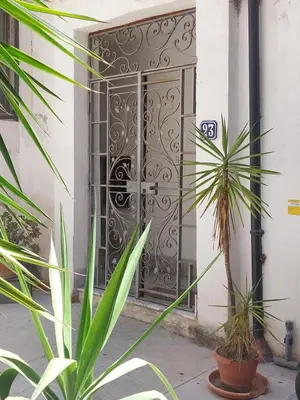 an iron door on a building with plants in front at Guest House Palermo Massimo 23 in Palermo