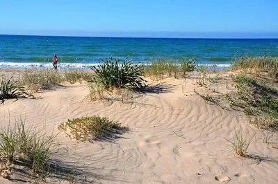 a person walking on a sandy beach near the ocean at Villa Bouganville - charming sea ​​view- 160 mq in Alcamo