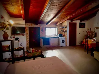a large living room with a kitchen and a table at Appartamento Green Room in Palermo