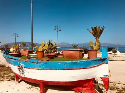 a boat sitting on the beach with potted plants at Casa Vacanza Accetta in Trappeto