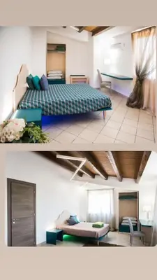two pictures of a bedroom with a bed and a living room at Relais del sole in Partinico