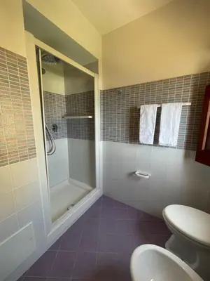 a bathroom with a shower and a toilet at Appartamento L'Agnuni in Castellammare del Golfo