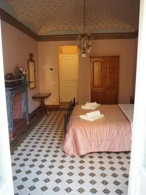 a bedroom with a bed and a fireplace at Dimora Lecerf in Palermo