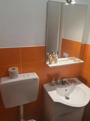 a bathroom with a toilet and a sink and a mirror at Casa vacanza Raggio di Sole in Castellammare del Golfo