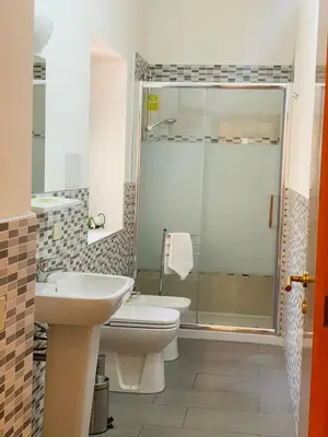a bathroom with a shower and a toilet and a sink at Bonorum Santa Sofia in Palermo