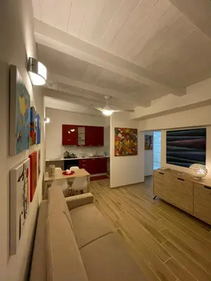 a large living room with a couch and a kitchen at Surfinia’s home in Palermo