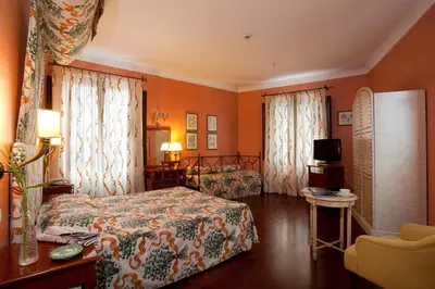 a bedroom with a bed and a tv and curtains at Hotel Vecchio Borgo in Palermo