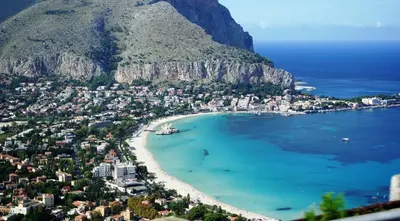 an aerial view of a beach with a mountain at Mondello Suites FLH - Gorgonia in Mondello